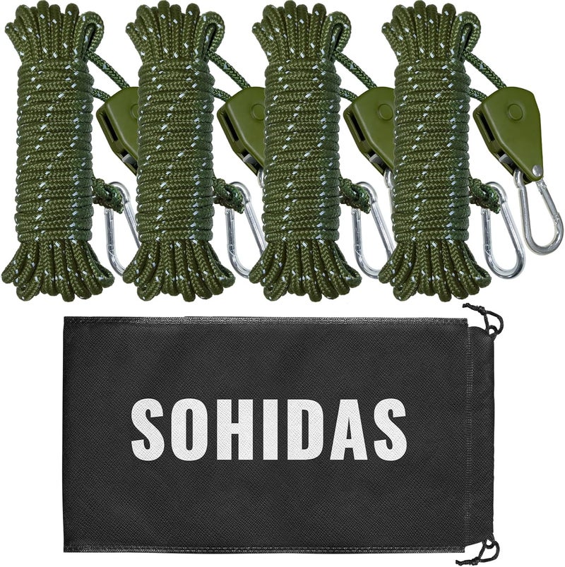 SOHIDAS Camping Rope Reflective Tent Rope Guyline with Ratchet Pulley, Tarp Tie Down Ropes for Tent Tarp, Canopy Shelter, Camping, 13ft Adjustable Guy Line for Canopy Tent 4 Pack Guy Lines Tents Cords - Image 1